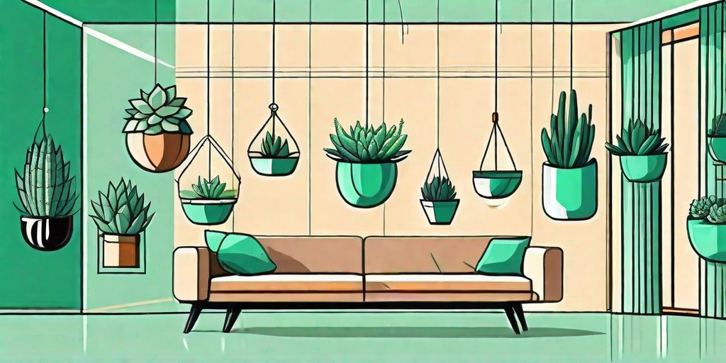 Several different types of hanging succulents in decorative pots