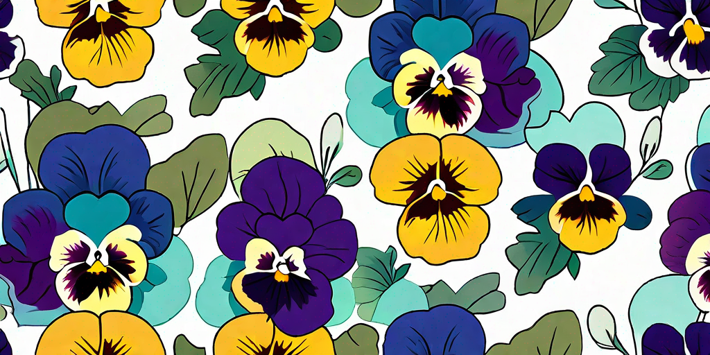 A cluster of colorful pansies in different stages of growth