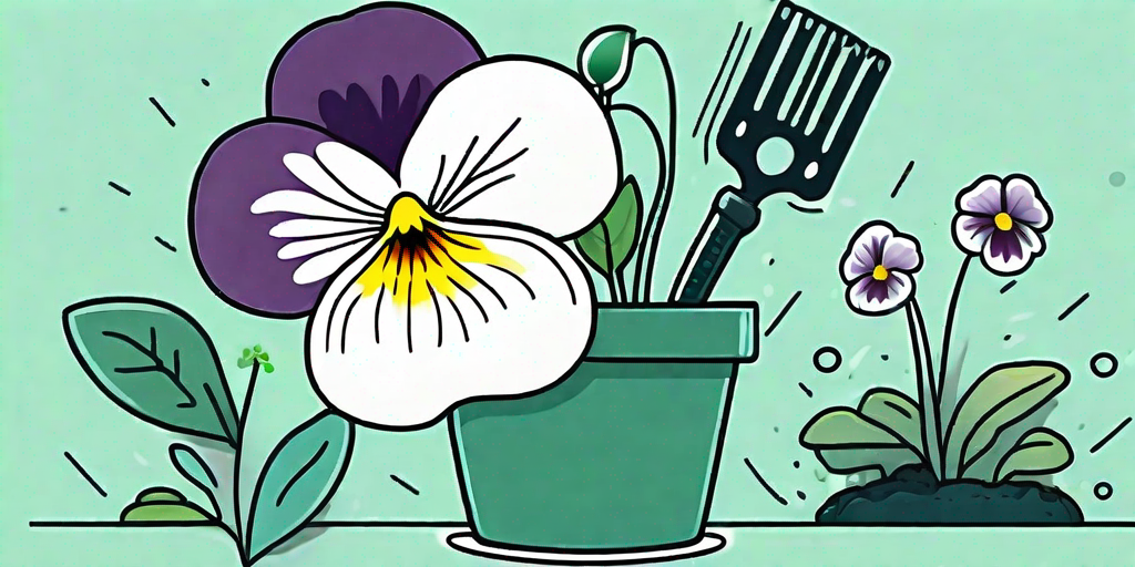 A cheerful pansy flower sprouting from a seed in a pot