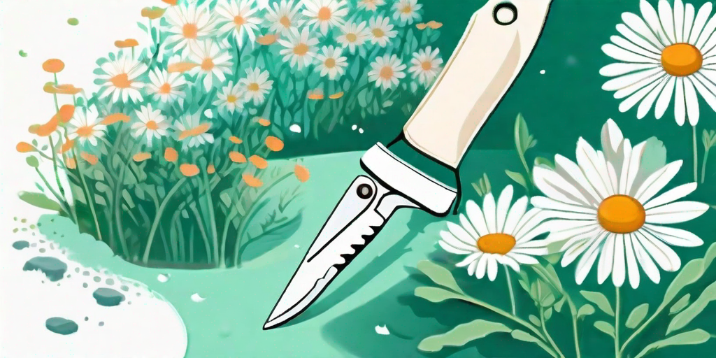 A pair of garden shears delicately pruning a daisy bush with fallen petals on a snowy ground