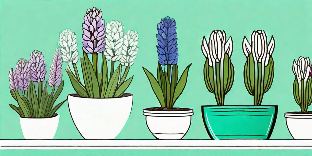Vibrant hyacinth flowers in various stages of growth within decorative pots
