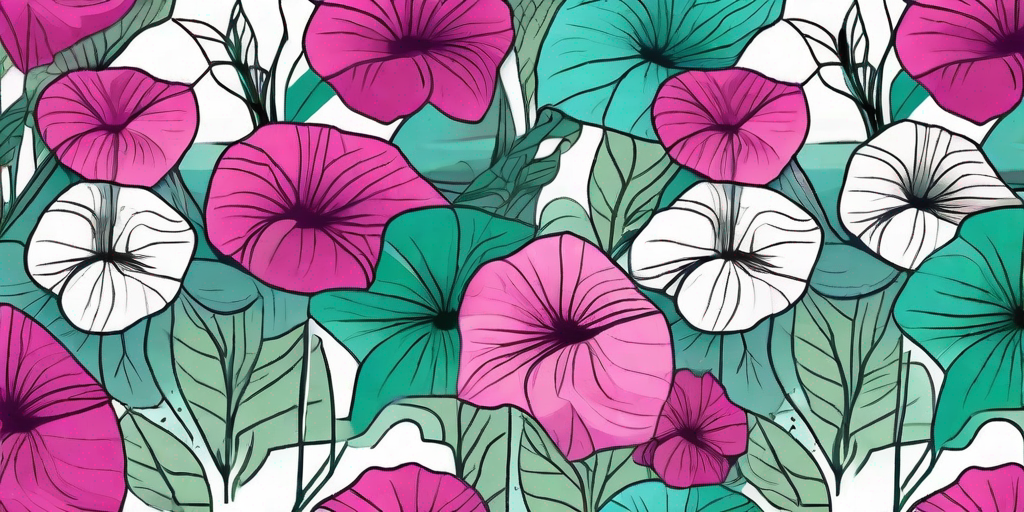 A vibrant garden scene filled with a variety of petunias in different colors