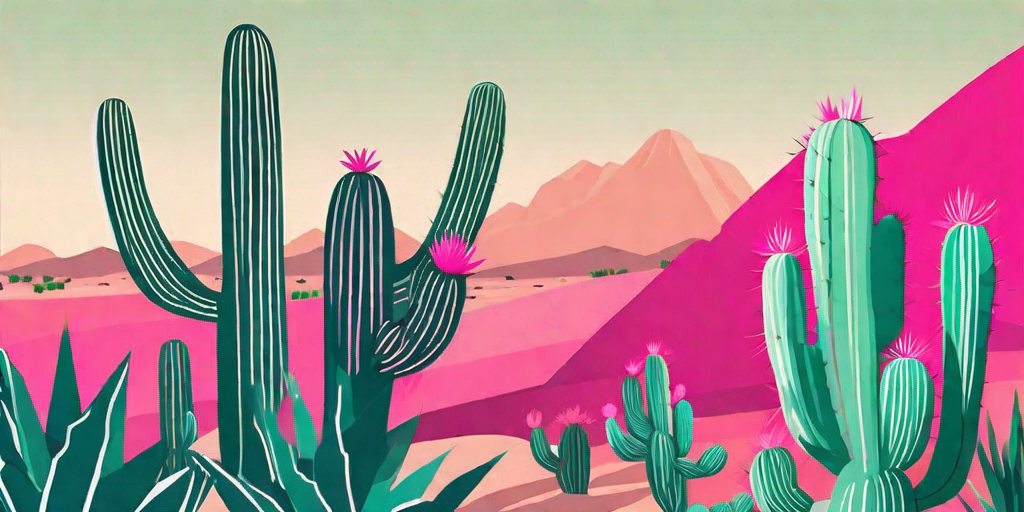 A vibrant pink cactus standing out against a muted desert landscape