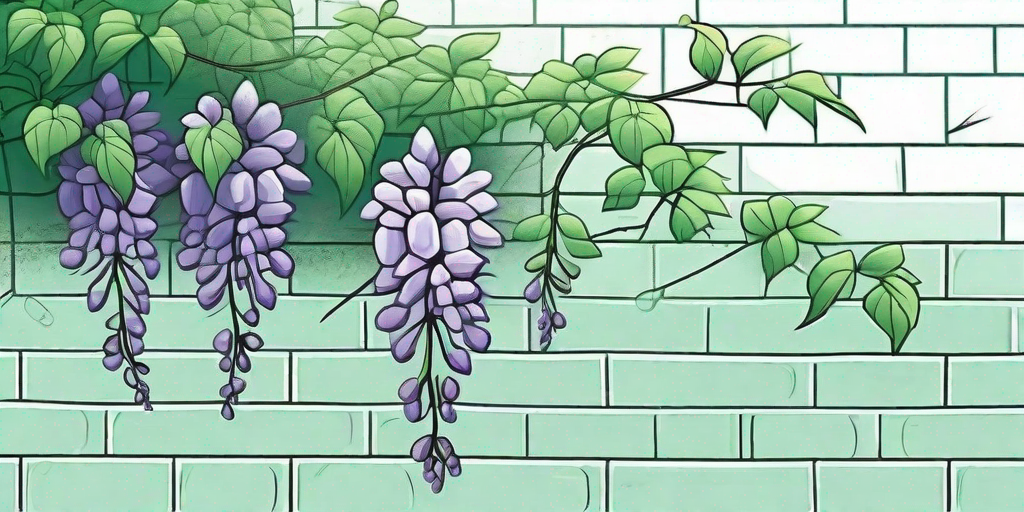 A wisteria vine aggressively growing on a brick wall