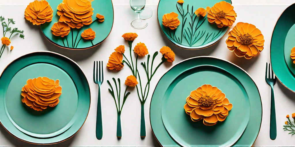 A vibrant marigold garden transitioning into a colorful plate filled with dishes made from marigold petals