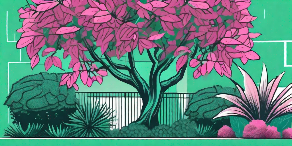 A lush garden featuring a well-pruned loropetalum shrub with its vibrant pink flowers