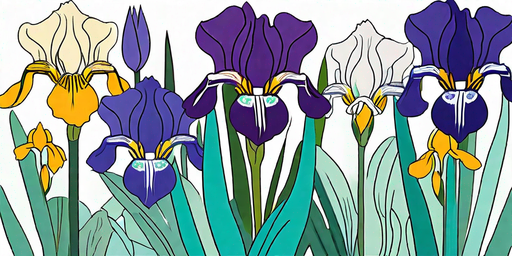 A vibrant garden scene showcasing various irises in full bloom
