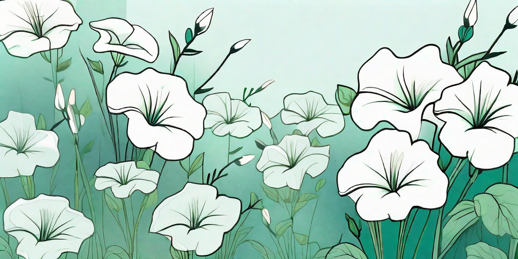 A serene garden scene filled with blooming white petunias