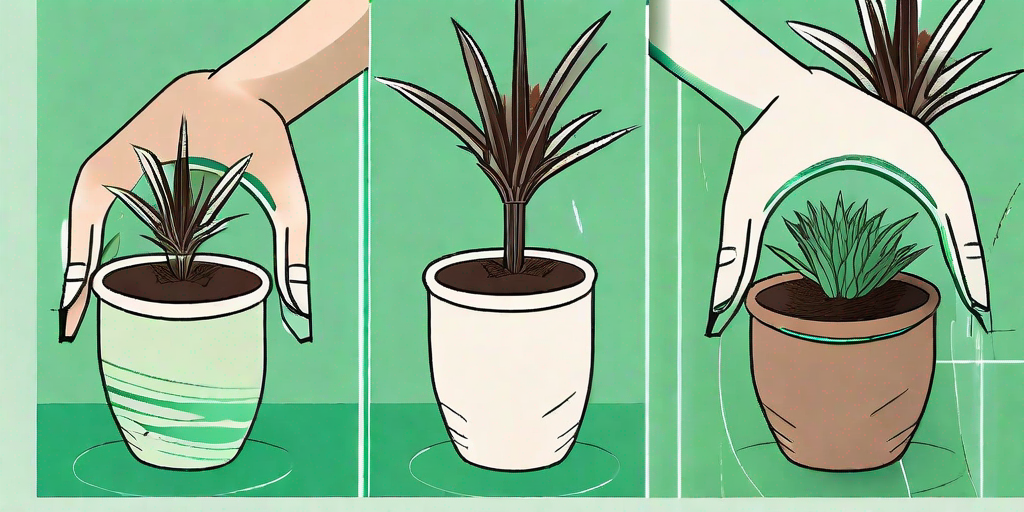 A brown yucca plant being transplanted into a new pot and gradually turning green