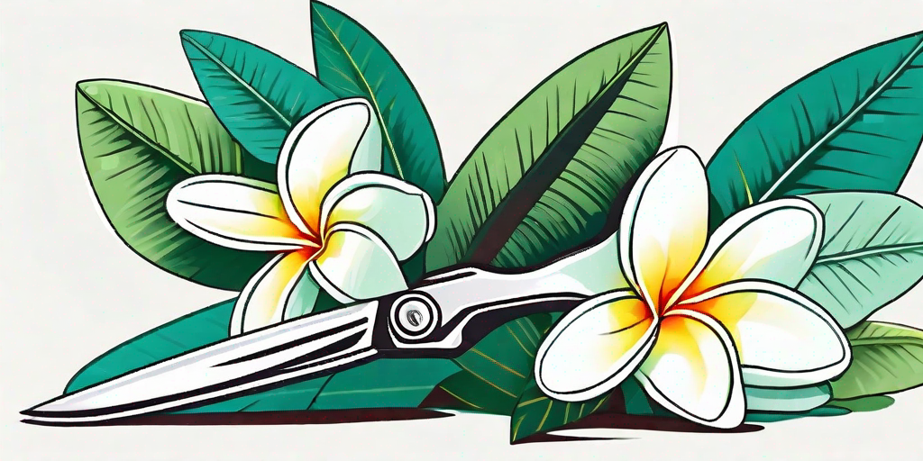 A vibrant plumeria plant with lush leaves and colorful blooms