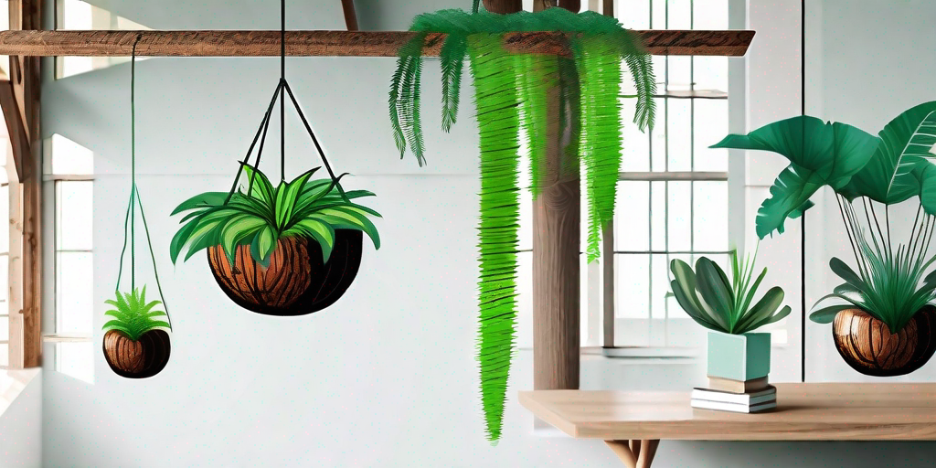 A hanging planter made from a coconut shell