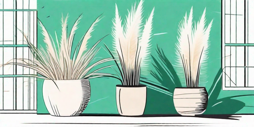 A few pots with flourishing pampas grass on a sunny patio