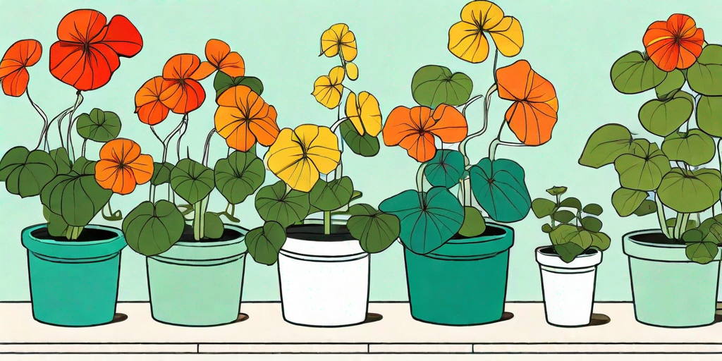 Vibrantly colored nasturtiums growing in a variety of pots