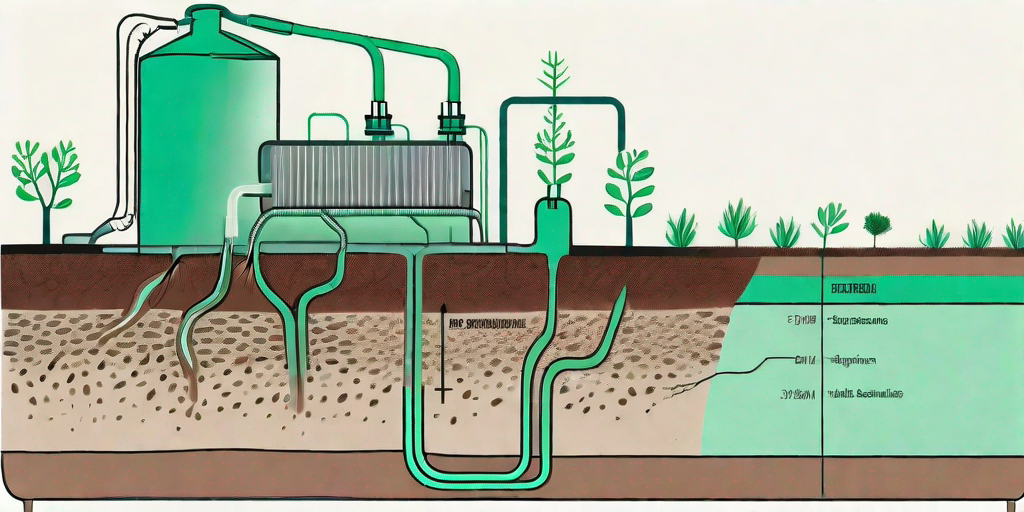 A cross-sectional view of soil showing the roots of a plant absorbing water and nutrients through a fertigation system
