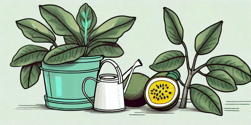 A passionfruit plant with some healthy green leaves and some yellowing leaves