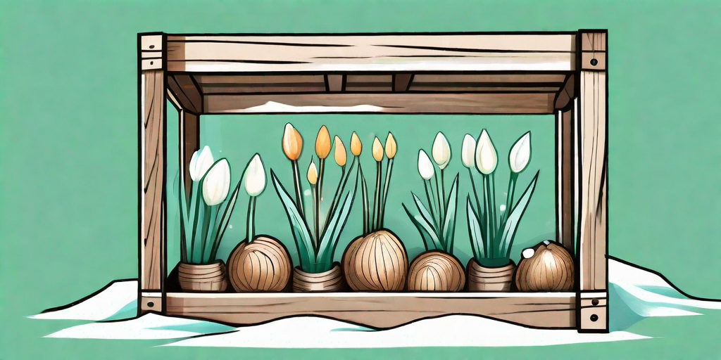 A variety of flower bulbs nestled in straw inside a wooden crate