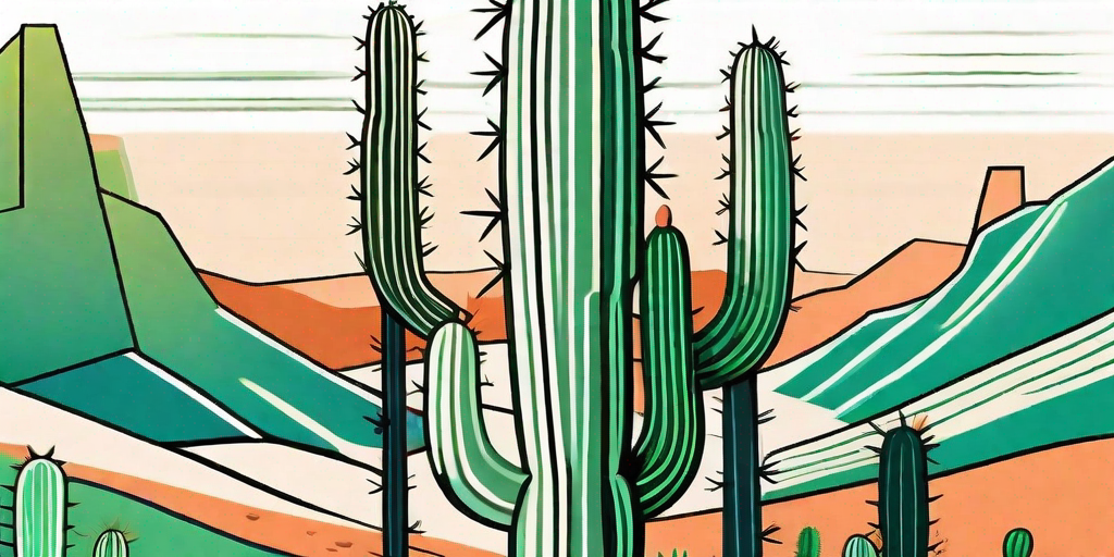 A vibrant and intricate totem pole cactus in a desert landscape
