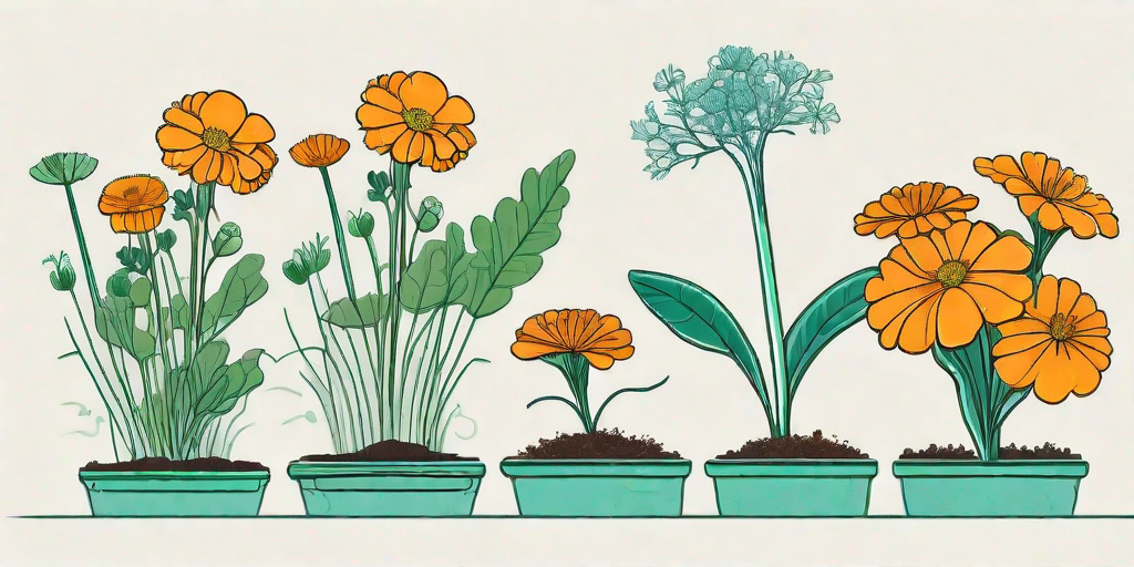 A progression of marigold seedlings growing from tiny sprouts to fully bloomed flowers