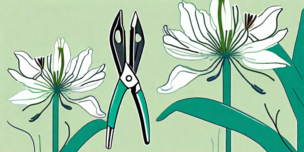 A pair of pruning shears trimming an agapanthus plant