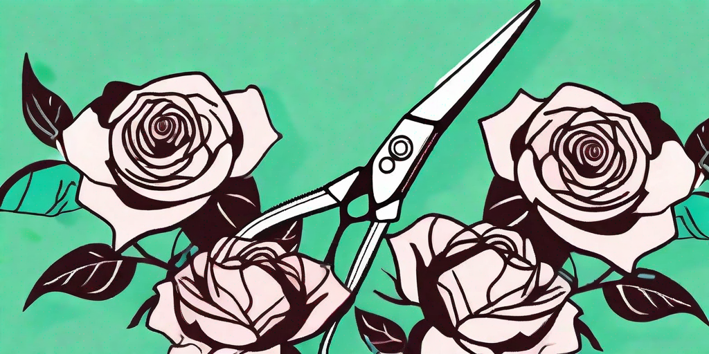 A pair of professional pruning shears cutting a branch of a blooming knockout rose bush