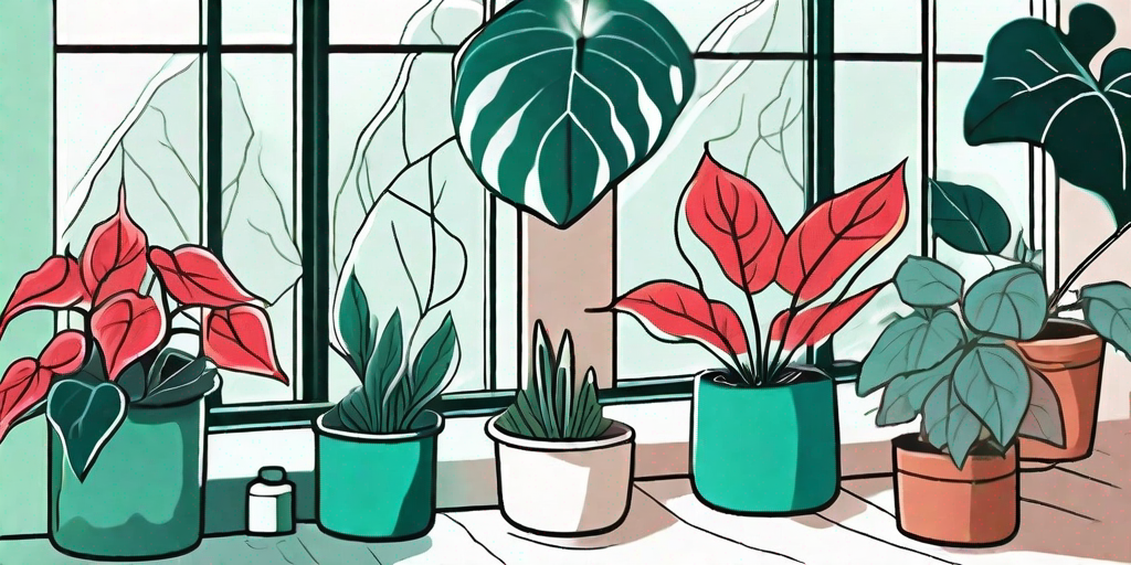 Various vibrant caladium plants in a cozy indoor setting