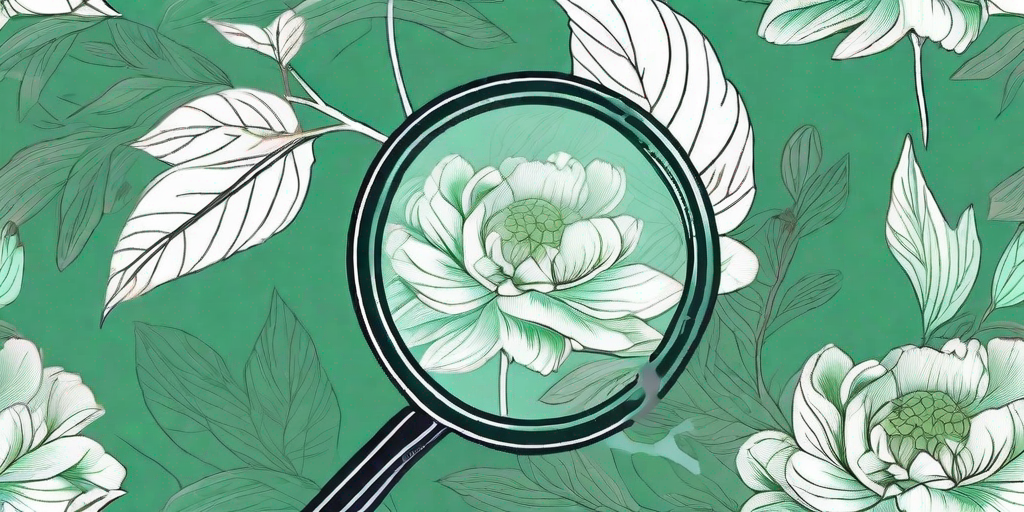 A close-up view of peony leaves with a magnifying glass revealing their intricate patterns and textures
