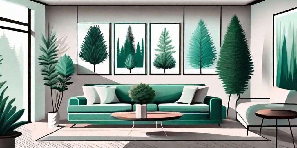 A stylish living room interior featuring a variety of lush indoor evergreen trees