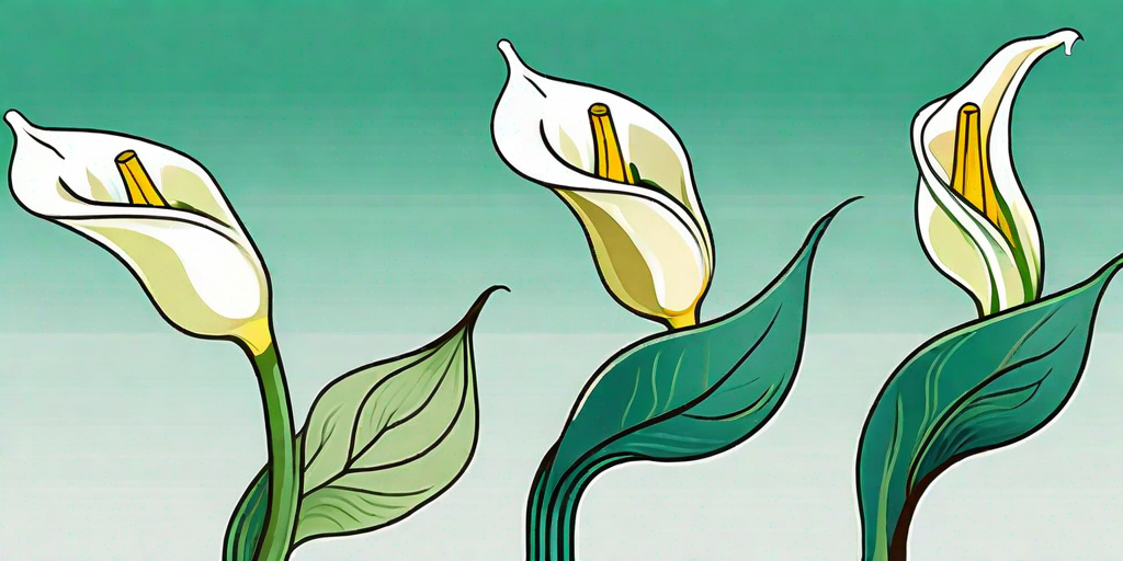 A sequence showing a calla lily's journey from a root bulb to a blooming flower