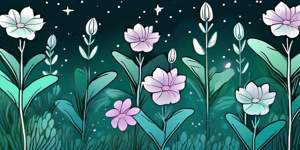 A serene night scene featuring a lush garden filled with blooming night scented phlox flowers