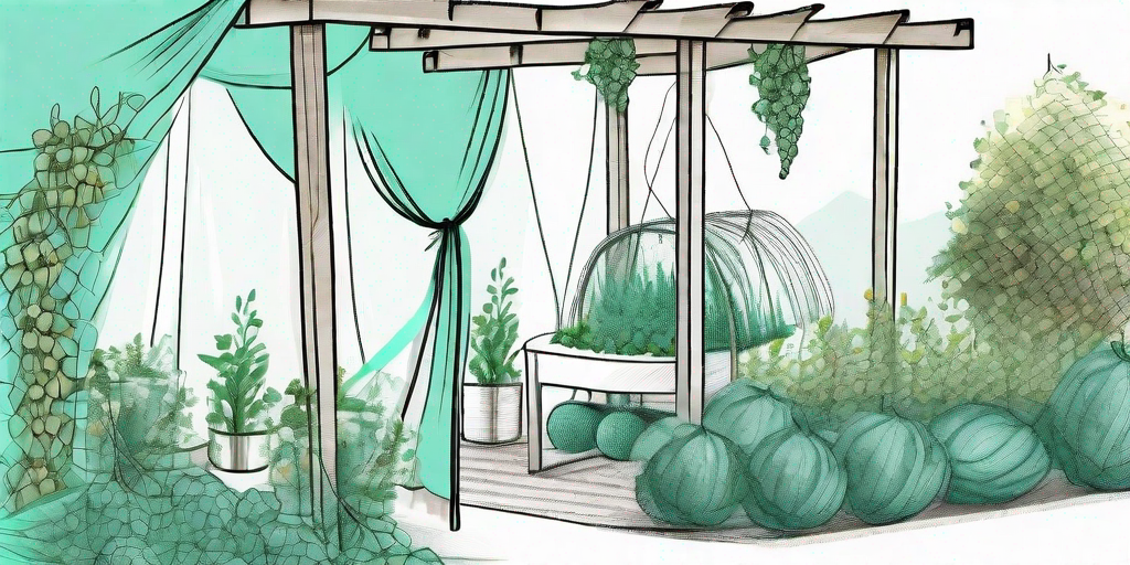 A garden setting with various uses of cheesecloth such as draped over plants for protection