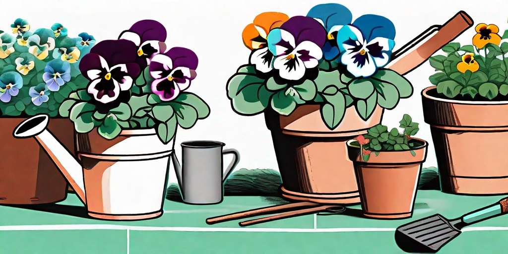 Vibrant pansies in various colors thriving in terracotta pots