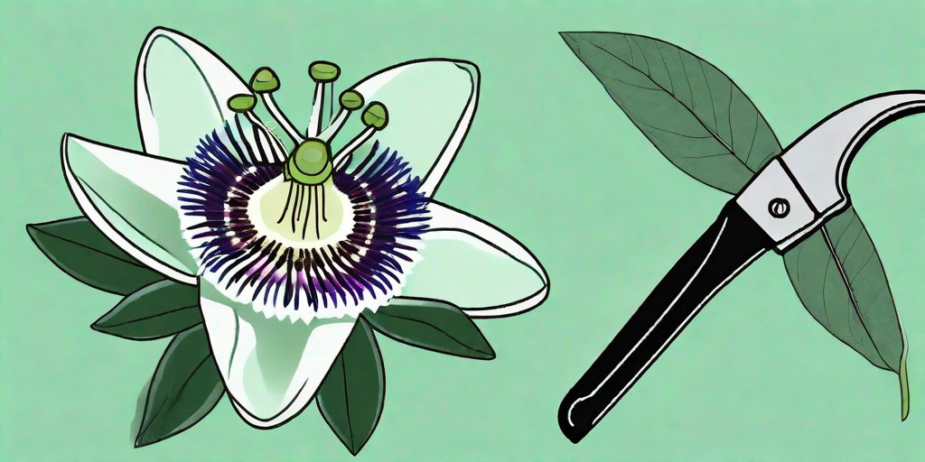 A passion flower plant with a pair of pruning shears strategically placed
