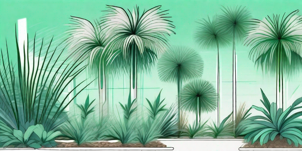 A lush tropical garden with several foxtail palms in different stages of growth