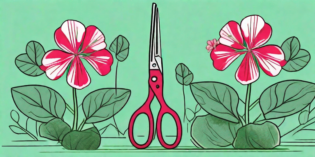 A pair of gardening shears delicately trimming a vibrant geranium plant