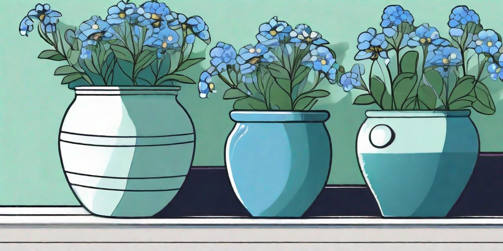 Several pots with blooming forget-me-not flowers in varying shades of blue