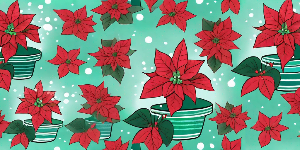 A vibrant poinsettia plant flourishing in a festive pot with a few scattered seeds and a watering can nearby