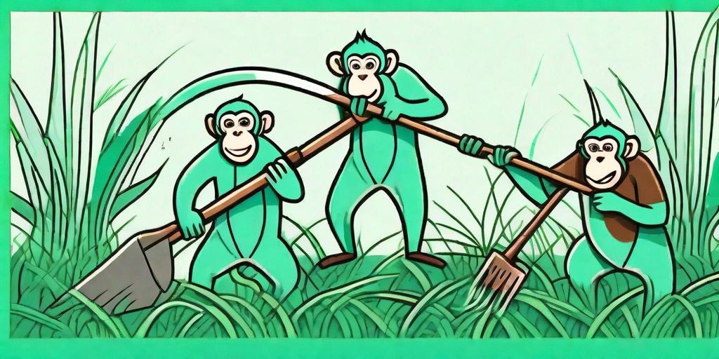 A group of cartoon monkeys humorously attempting to remove patches of monkey grass from a lush green lawn