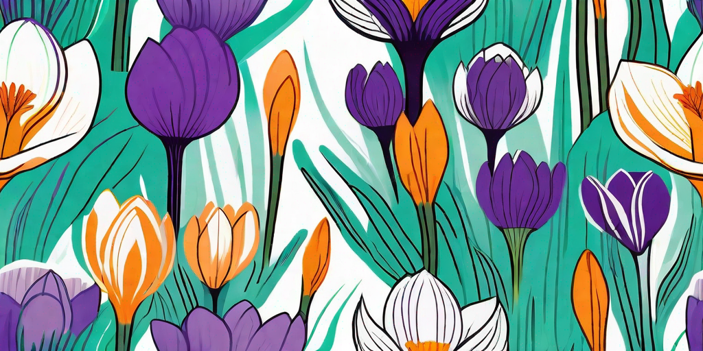 A vibrant garden scene with a variety of brightly colored crocus flowers emerging from the soil