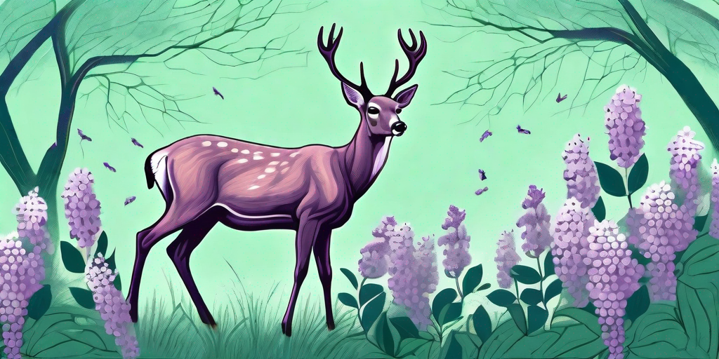 A deer and a swarm of lilacs in a whimsical standoff