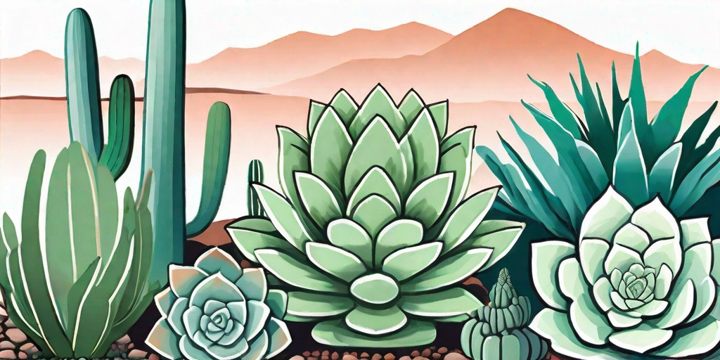 Various types of manfreda succulents in a desert environment