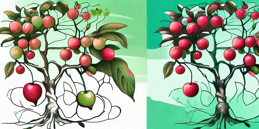 A crabapple tree in different stages of fruit transformation