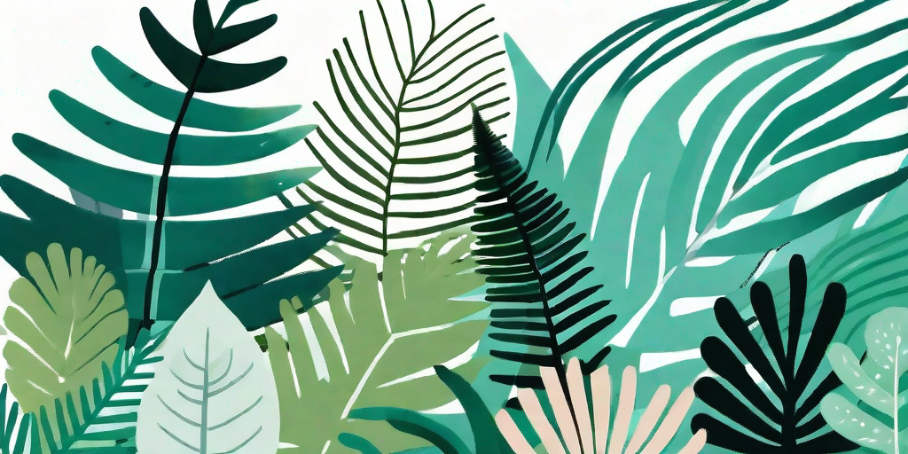 A lush forest scene showcasing a variety of ferns in different shapes