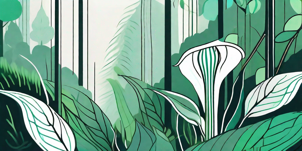 The jack-in-the-pulpit plant in a lush forest setting