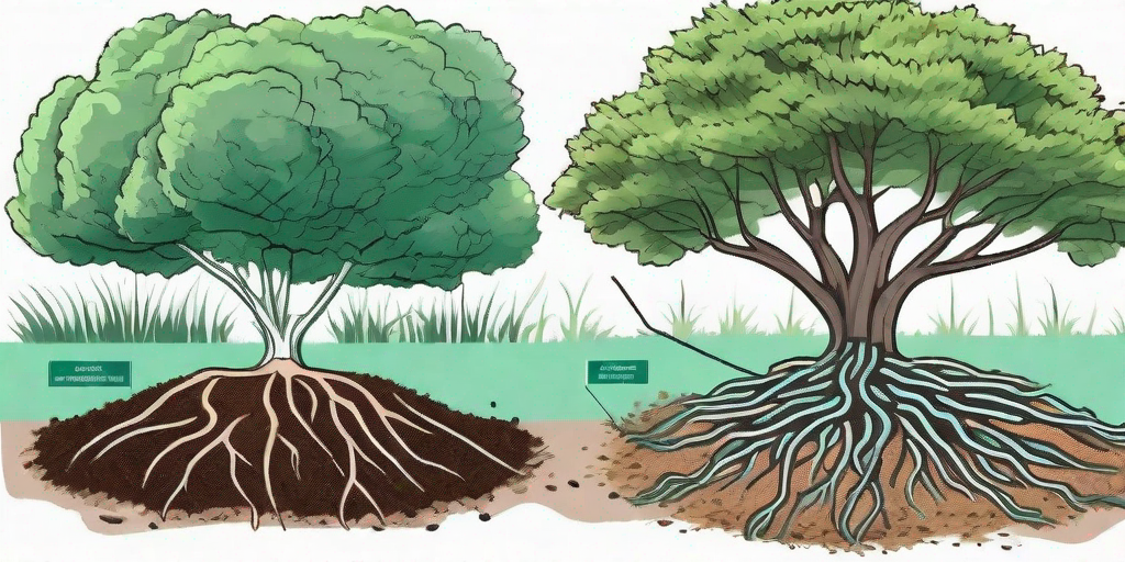 Various types of mulch surrounding the base of a healthy
