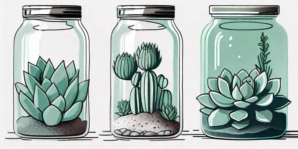 A variety of succulent plants transitioning from being in a dry desert environment to being submerged in a glass jar filled with water