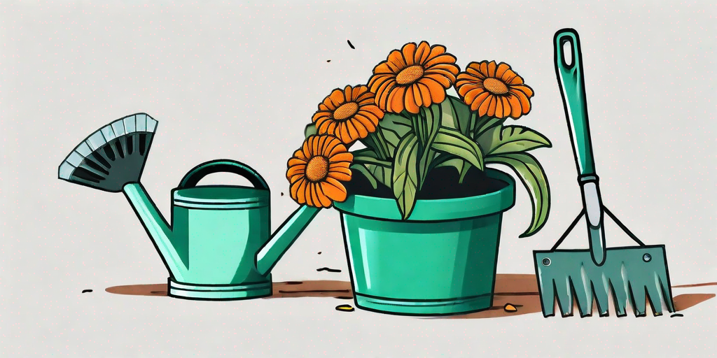 A wilting marigold plant in a garden pot