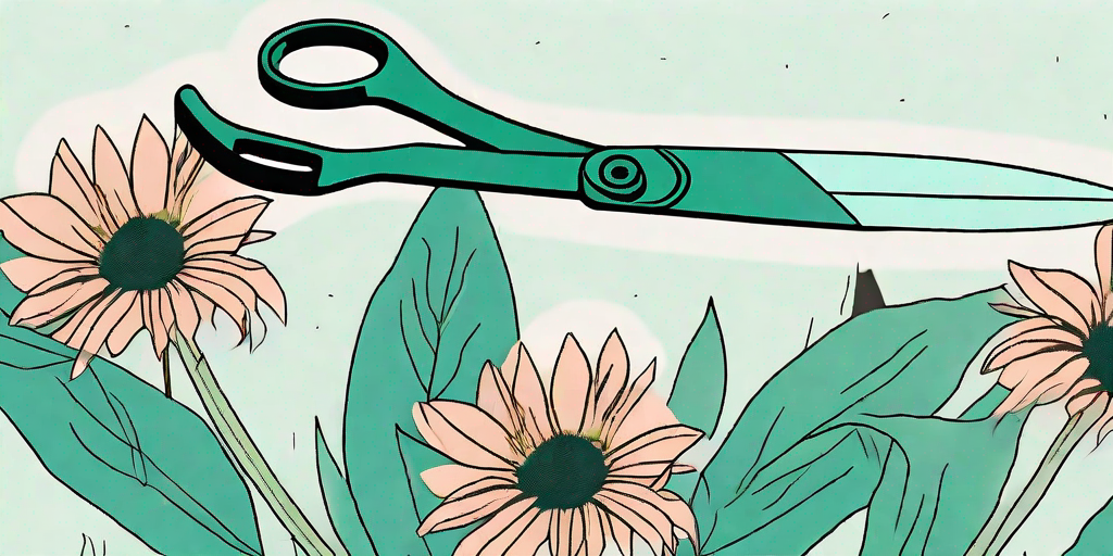 A pair of gardening shears cutting off the wilted head of a coneflower