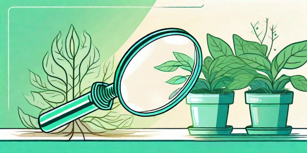 A thriving plant with a magnifying glass focused on the roots