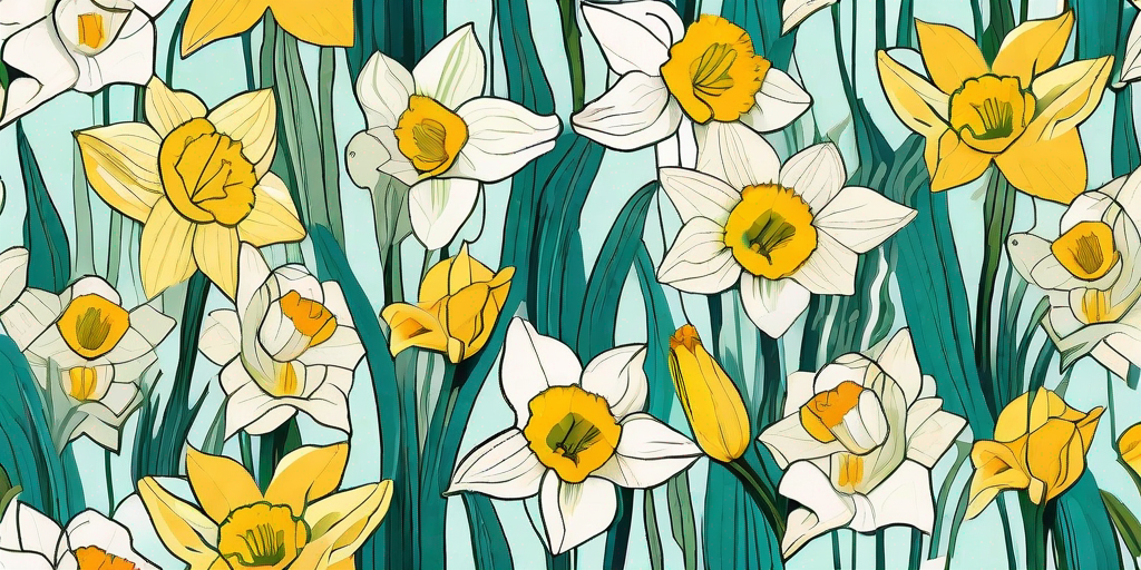 A vibrant garden scene showcasing a variety of daffodil species in different colors and sizes