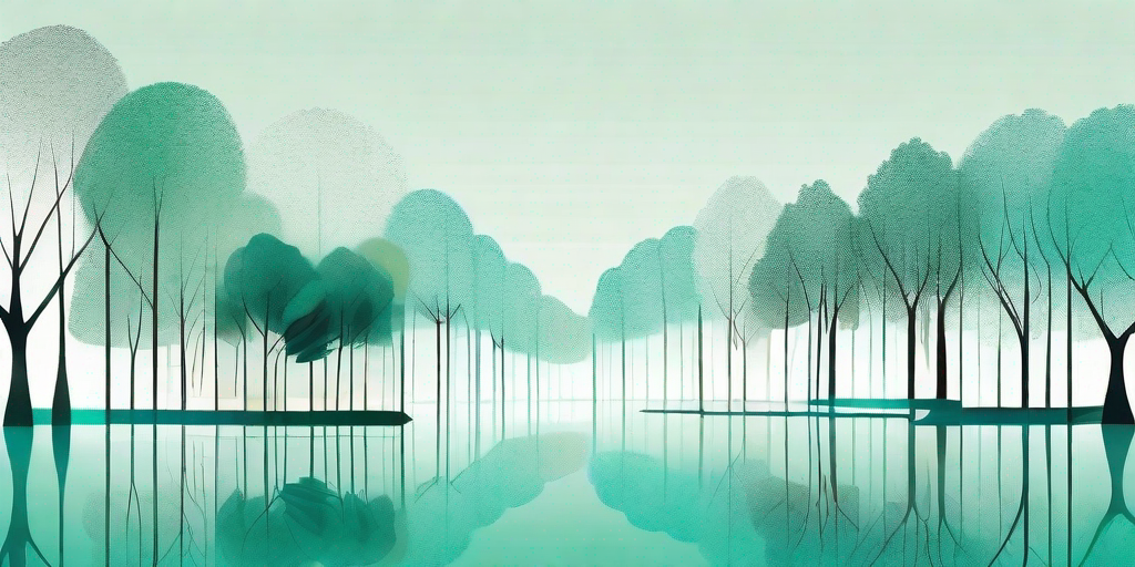A diverse range of trees partially submerged in a serene body of water